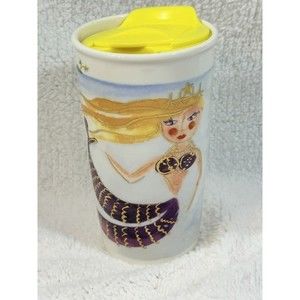 STARBUCKS MERMAID DOUBLE WALLED CERAMIC TRAVEL TUMBLER YELLOW TOP 2015